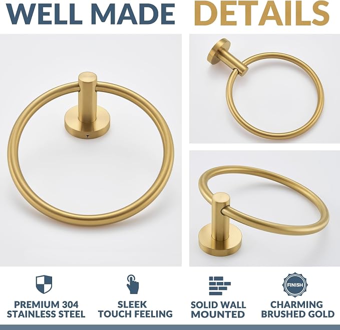 APLusee Brushed Gold Hand Towel Ring, 304 Stainless Steel Flexible Round Towel Holder for Bathroom Kitchen, Wall Mounted