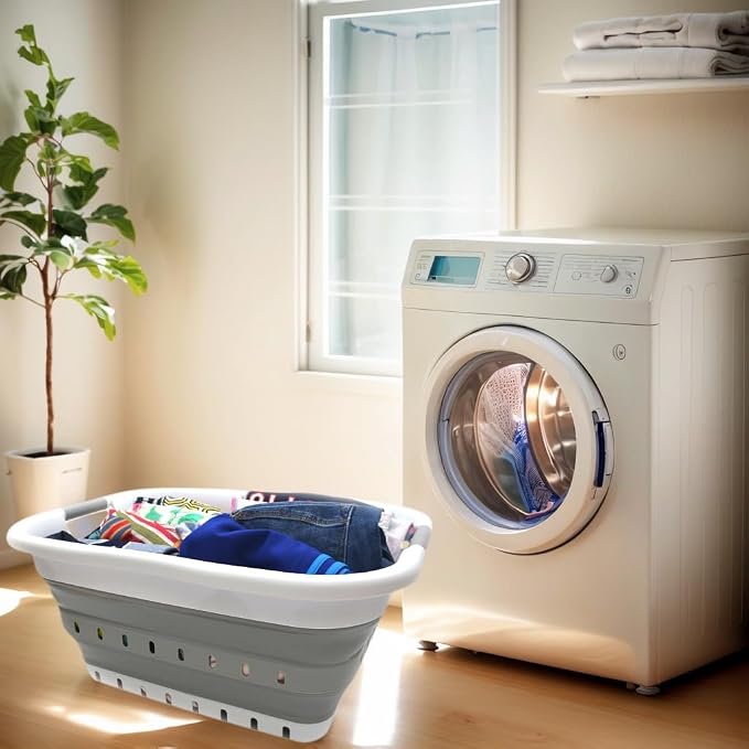 SAMMART 41L (10.8 gallon) Collapsible 3 Handled Plastic Laundry Basket - Foldable Pop Up Storage Container/Organizer - Portable Washing Tub - Space Saving (3 handled rectangular, White/Grey)