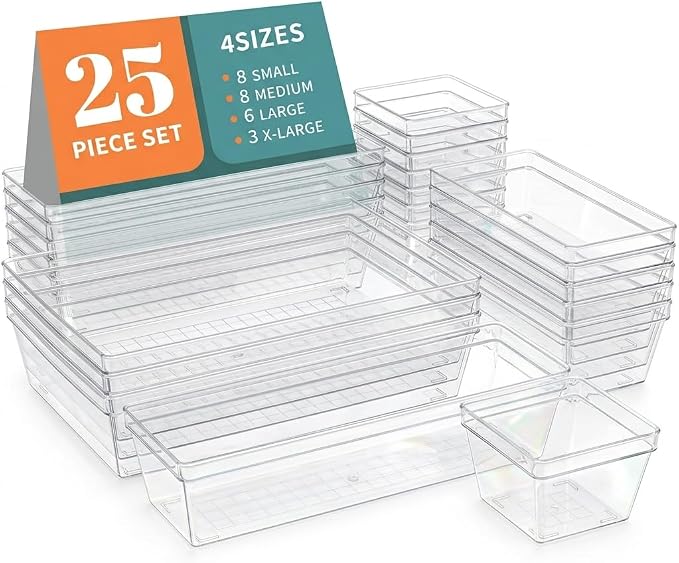 Clear Plastic Drawer Organizer Storage - 25Pcs 4 Size Desk Bathroom Kitchen Organizers and Accessories Office Organization, Vanity Stackable Drawers Bins Trays Containers Dividers Makeup Sets