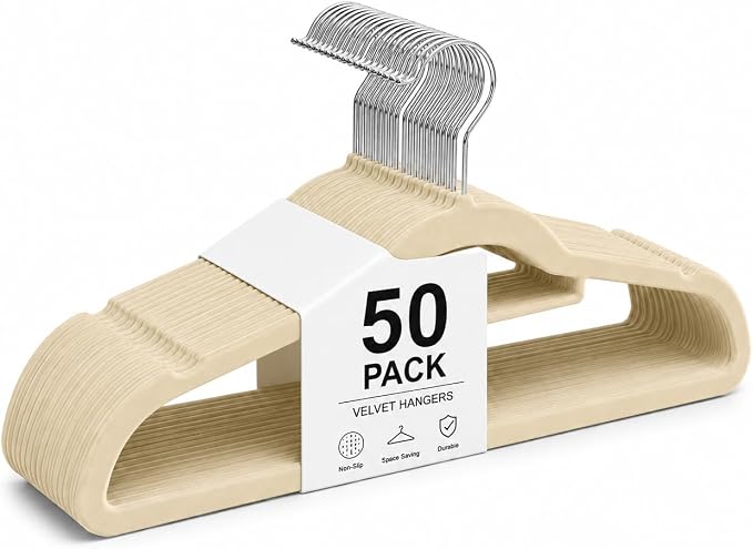 1ABOVE Premium Quality 50 Pack Non-Slip Velvet Hangers (44cm) Heavy Duty Velvet Suit Hangers with Tie Bar, 360° Swivel Hooks – Space Saving, Sturdy to Hold Jacket, Jumper & Pullover(Set of 50-Ivory)