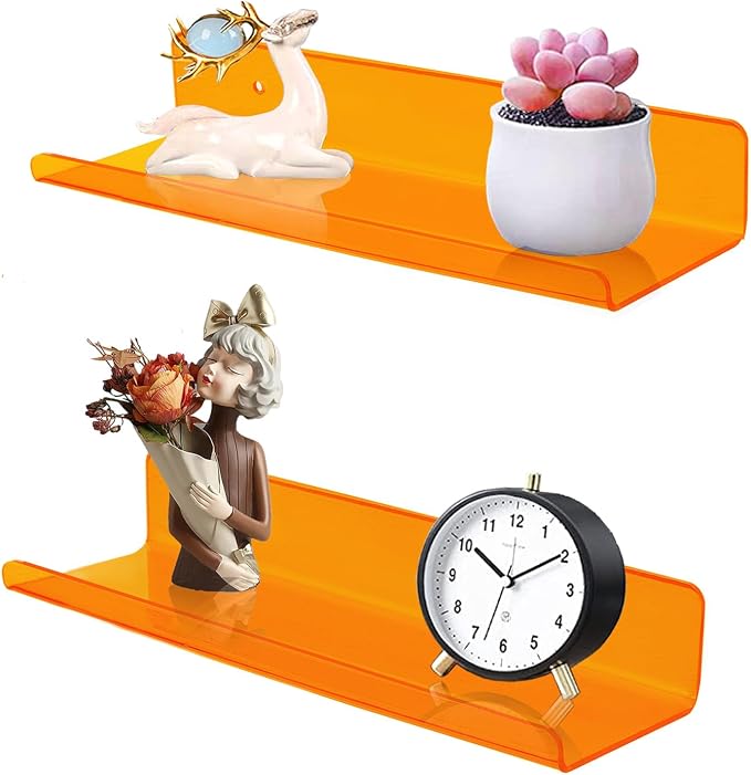 ROYALITA 2-Pack Small Acrylic Shelves Wall Mounted, 12 in Display Shelves | for Small Items, Plants, Room Decor Floating Wall Shelves for Gaming Room, Bedroom, Living Room, Office, Orange