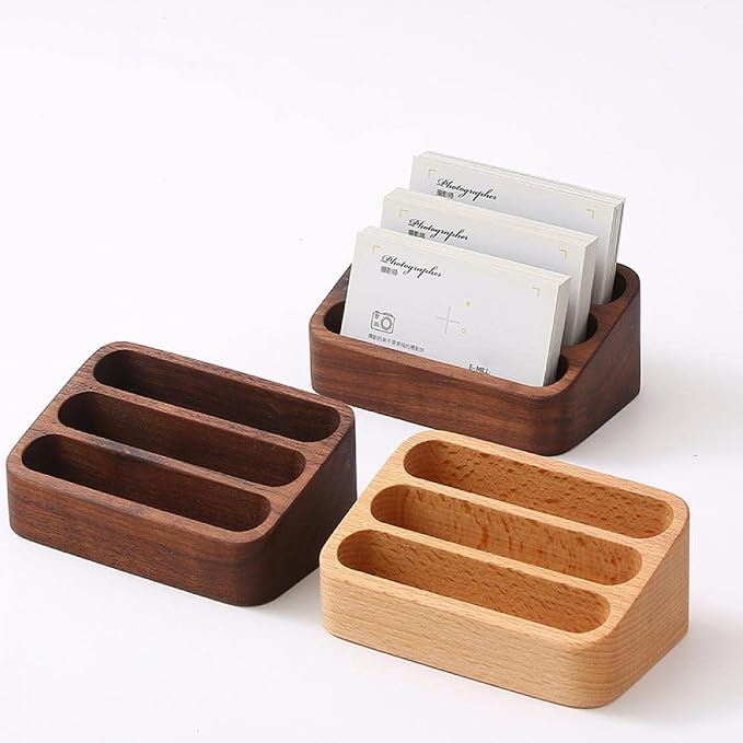Sizikato 2pcs Beech Wood Business Card Holder for Desk, 3 Card Slots Business Card Display Holder Stand