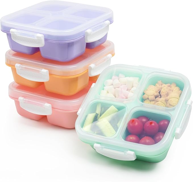 EONJOE 4-Pack Small Snackle Box With snap lock lid,Dishwasher Safe | 4-Compartment,BPA free,Food Grade PP5 Plastic, Airtight Lid,On-the-Go,