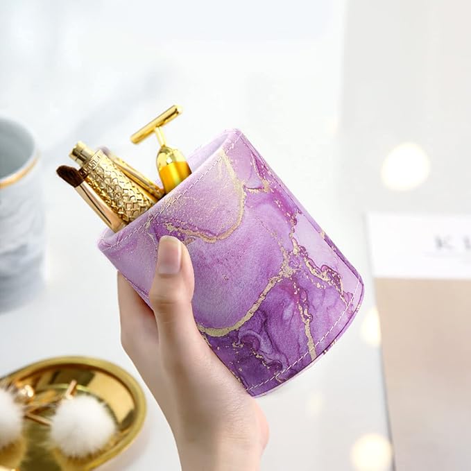 Large Capacity Colored Pen Holder for Desk, Leather Pencil Holder Pen Cup Marker Holder Makeup Brush Holders, Desk Accessories & Workspace Organizers for Home, Office, Purple Marble