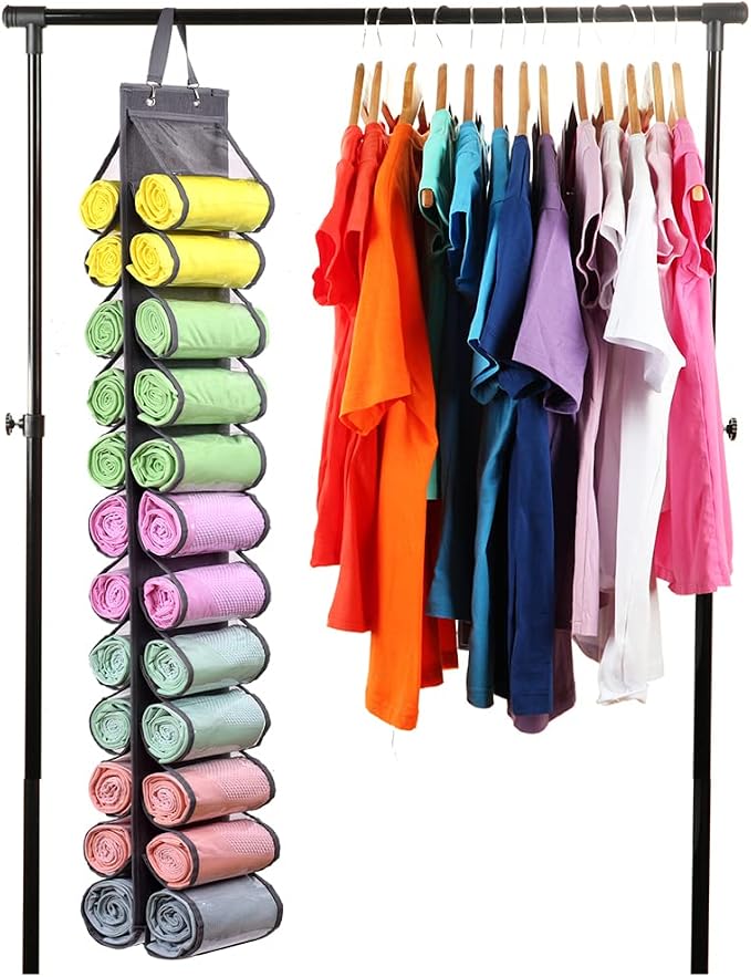 Legging Storage Bag Storage Hanger Can Holds 24 Leggings or Shirts Jeans Compartment Storage Hanger, Foldable Leggings Organizer Clothes Portable Closets Roll Holder(Grey)