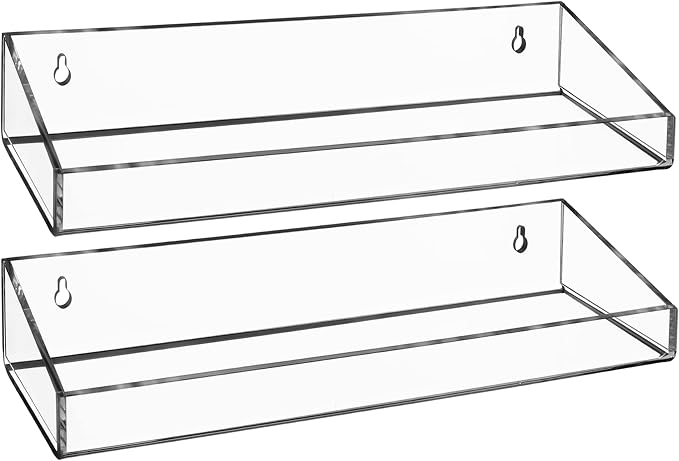 AMT 2 Pack Acrylic Floating Shelves, 15" L x 4.8" W, Clear Bathroom Wall Shelf, Bookshelves, Invisible Display for Office, Bedroom, Small Gap Allows Water to Escape, Free Screws & Drill Bit (XL)