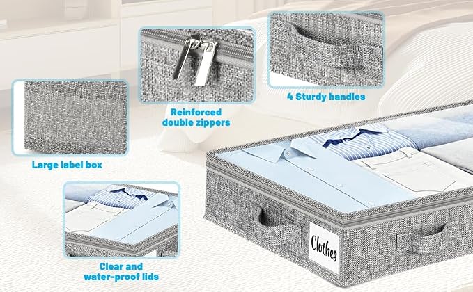 3 Inch Low Profile Under Bed Storage Drawer 2 Pack, Lightweight Underbed Clothes Storage Container Bins With NO STURCTURE, Shallow Storage Bag for Dorm & Home, With Clear Lids & Water-Resistant Fabric