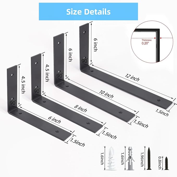 6-Pack Heavy Duty 12-Inch Black Shelf Brackets, L Shelf Bracket 12 Inch for Floating Shelves, 1/5-Inch Thick