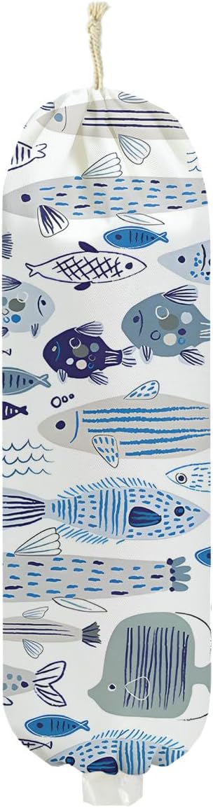 Fish Plastic Bag Holder, Blue Fish Wall Mount Grocery Bag Holder for Plastic Bags, Pull Rope Free Adjustment, Reusable Grocery Bags Storage Dispenser for Kitchen Decor, Housewarming Gifts for Women