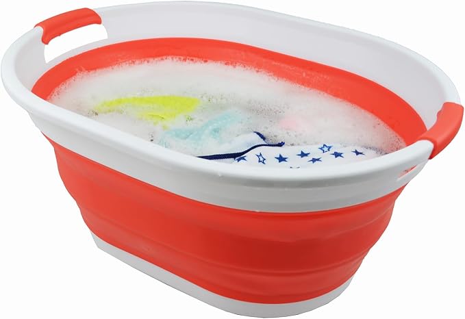 SAMMART 28L (7.4 gallon) Collapsible Plastic Laundry Basket-Oval Tub/Basket - Portable Washing Tub-Space Saving Laundry Hamper, Water capacity: 22L (5.8 gallon) (2, White/Orange Red)