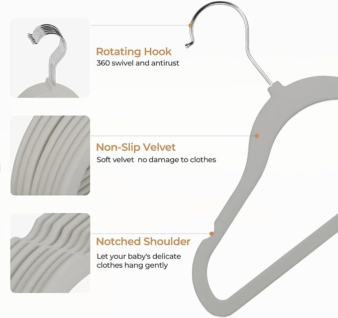 GoodtoU Kids Hangers Velvet 50 Pack Baby Hangers for Closet Non Slip Childrens Infant Hanger Grey
