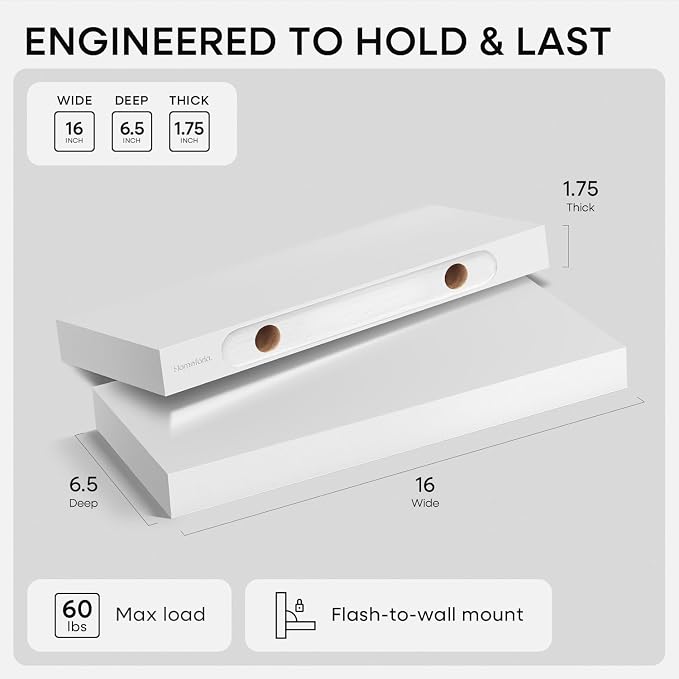 Homeforia White Floating Shelves 16 inch, High End Solid Real Wood 16inch Bathroom Floating Shelf for Wall Mounted, White Wooden 16 Floating Shelves, Heavy Duty Bracket, 16 X 6.5 X 1.75 inch, Set of 4