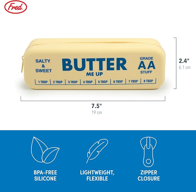 Genuine Fred BUTTER ME UP Silicone Pouch, Soft Flexible Material with Zipper Closure, For desk supplies, makeup, cords, travel essentials, 7.5 x 2 x 2.4 Inch