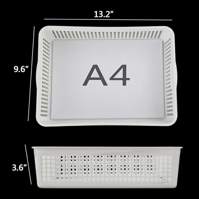 Plastic Storage Trays Baskets/Organizing Baskets, Set of 6 (White) | 13.2 Inches x 9.6 Inches x 3.6 Inches, Perfectly Fits A4 Papers, Documents and Daily Small Supplies