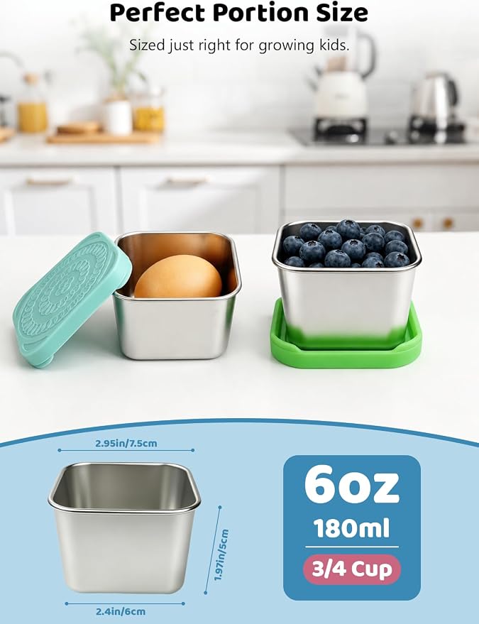 HTEVW 6 Pack Stainless Steel Snack Containers for Kids, 6 oz Toddler Snack Containers with Silicone Lids, Reusable Leak Resistant Food Containers for School Lunch, Daycare, Travel & Portion Control