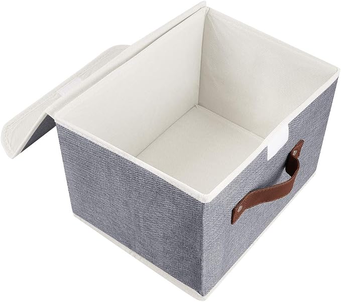 2Pack Storage Bins Boxes with Lids 15"x10"x10" Decorative Storage Baskets | Cotton Linen Fabric, Collapsible, Faux Leather Handles, Storage Cubes, Closet Shelf Clothes Organizer Container, Grey