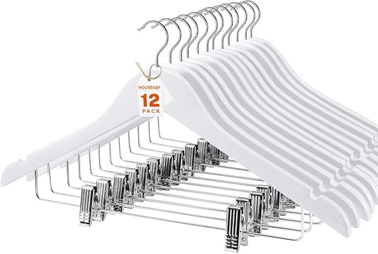 HOUSE DAY Wooden Hangers with Clips 12 Pack, Heavy Duty White Wood Pants Hanger, Premium Skirt Hanger with Adjustable Clips, Solid Clip Hangers for Suit, Blouse, Dress, Coat, Jacket, Bottom