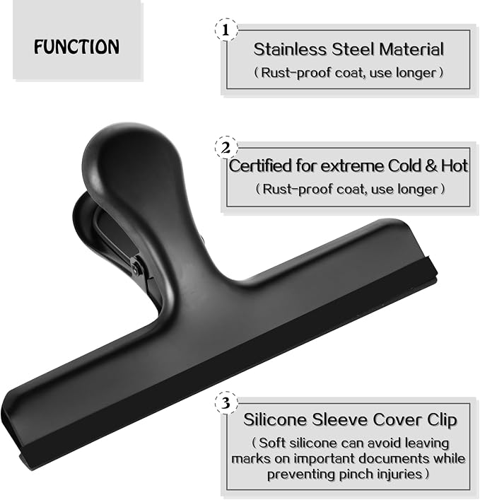 HOUSE AGAIN 6 Pack Stainless Steel Large Chip Bag Clips Covered with Silicone - NO More Sharp Edges - Color Coded for Food Bags - Air Tight Seal, Heavy Duty for Kitchen and Office, 5 Inches-Black