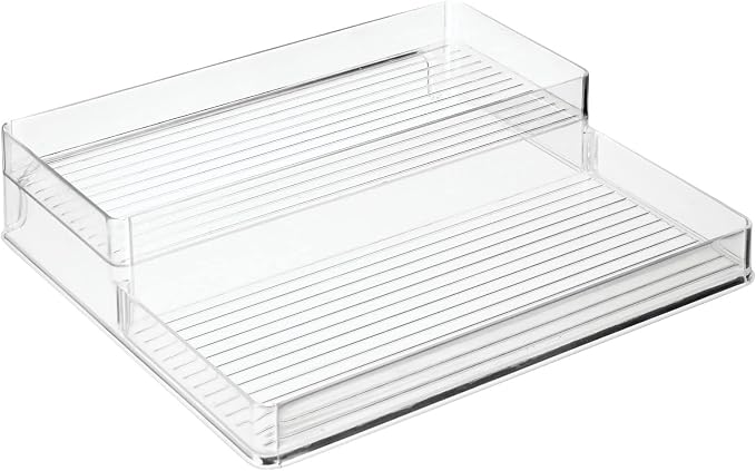 mDesign Plastic Kitchen Food Storage Organizer Shelves, Spice Rack Holder for Cabinet, Cupboard, Countertop, Pantry - Holds Jars, Baking Supplies, Canned Food - 2 Levels - Clear