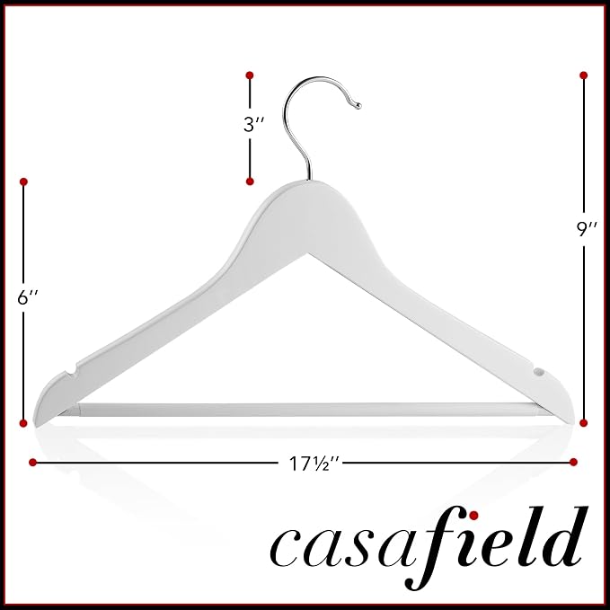 Casafield - 10 White Wooden Suit Hangers - Premium Lotus Wood with Notches & Chrome Swivel Hook for Dress Clothes, Coats, Jackets, Pants, Shirts, Skirts