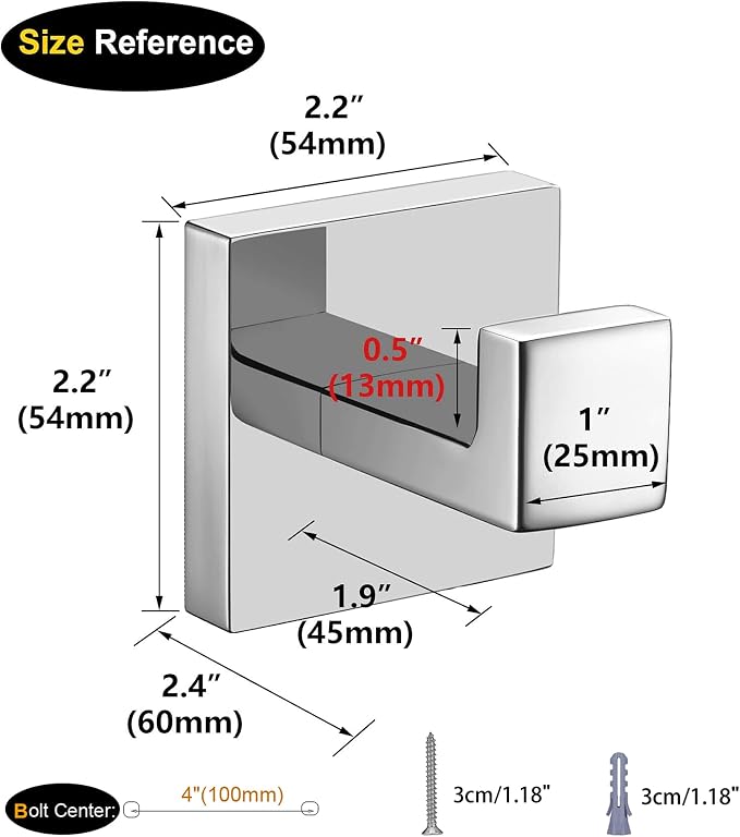Nolimas Towel Hook Stainless Steel Bathroom Rustproof Clothes Towel Coat Hook Wall Mounted Square Toilet Kitchen, Heavy Duty Door Hanger, 4 Pack, Chrome Polished