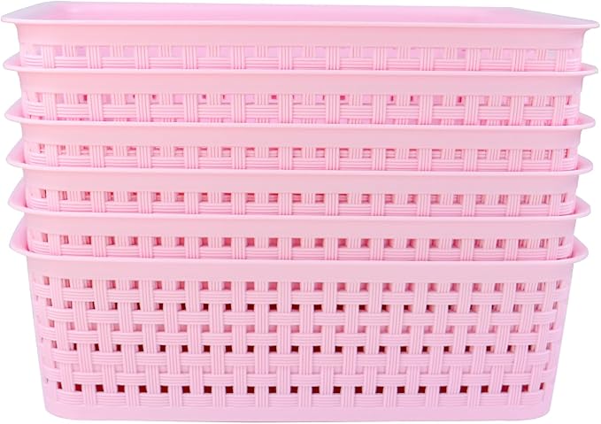 Plastic Storage Baskets, Small Pantry Baskets for Organizing, Woven Basket Organizer Basket Bins for Shelves, Organizer and Storage for Bathroom, Bedrooms, Kitchens (Pink 6pcs)