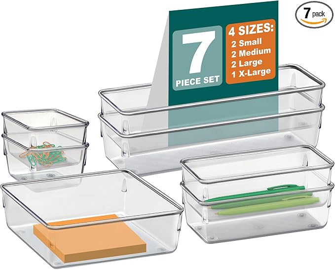 Acrimet 7 Pack Drawer Organizer Modular, Box Tray Storage Bins for Office, Home, Makeup, Kitchen, Junk Drawer (7 Units - 4 Sizes) (Clear Crystal Plastic) | Assorted Sizes for organizing drawers, countertops and cabinets