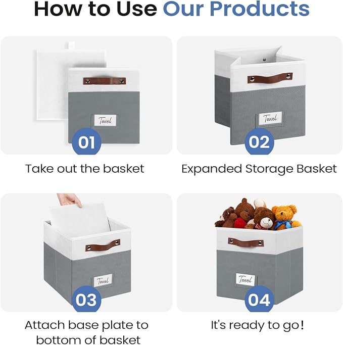 FinishingBo 6-Pack Storage Cubes with Handles & Label Holders Basket, Closet Cube Home Organizer Bins(White/Dark Grey, 10.5*10.5*11 inch)