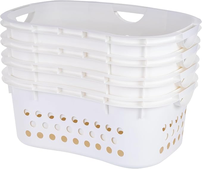 IRIS USA 51L Plastic Hip Hold Laundry Basket with Built-In Comfort Carry Handles, 4- Pack, 1.5 Bushel, Clothes Hamper, Laundry Hamper, Ventilation Holes, for Closet Dorm Laundry Room Bedroom, White