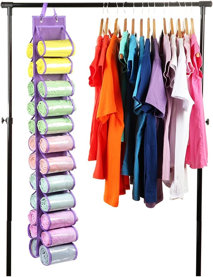 Legging Storage Bag Storage Hanger Can Holds 24 Leggings or Shirts Jeans Compartment Storage Hanger, Foldable Leggings Organizer Clothes Portable Closets Roll Holder (Purple)