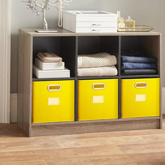 Cube Storage Bins,13 inch Storage Bin,4-Pack Yellow Storage Boxes with Dual Metal Handles for Organizing Shelves,Closet,Nursery,Home