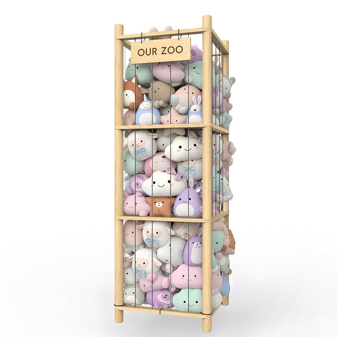 Stuffed Animal Storage & Organizer, Wooden Eco-Friendly Toy Holder with Elastic Ropes & DetachableBag, Fun Interactive Plush Toy Storage, Easy Assembly Durable Organizer for Nursery, Bedroom &Playroom