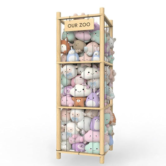 Stuffed Animal Storage & Organizer, Wooden Eco-Friendly Toy Holder with Elastic Ropes & DetachableBag, Fun Interactive Plush Toy Storage, Easy Assembly Durable Organizer for Nursery, Bedroom &Playroom
