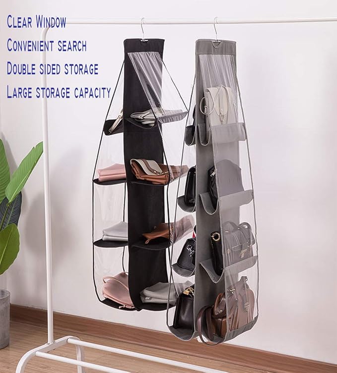 AARAINBOW 1 Pack Hanging Handbag Purse Organizer for Closet, 8 Pockets Wardrobe Space Saving Purse Holder, Handbag Storage Bags Hanging, Womens Purse Storage Organizers, 41L x13.5W (B-Dark Gray)