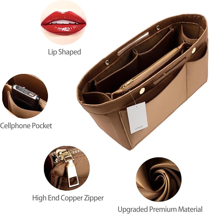 ZTUJO Purse Organizer Insert For Handbags, Silky Bag Organizer With 2 Zippers For Speedy Neverful Tote and More (Brown, X-Large)