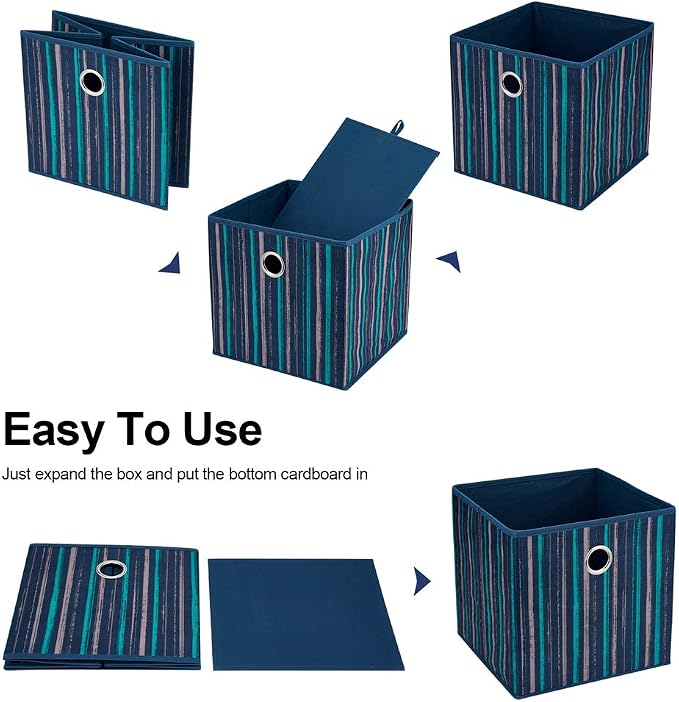 11x11x11 Inch 3 Pack Cube Storage Bins, Blue Fabric Storage Cubes with Teal & Khaki Vertical Gradient Stripes, Collapsible Cloth Storage Bins for Shelves Closet Cubbies