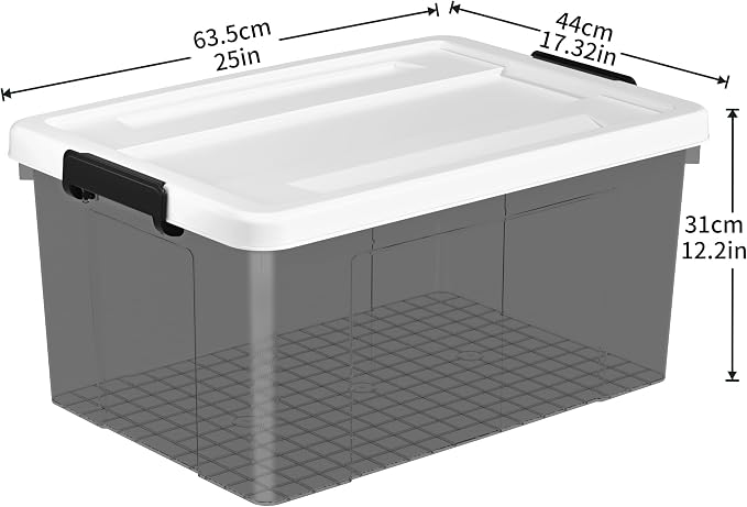 Cetomo Lidded Storage Bin with Handle, Tote Organizing Container with Wheels, Lid and Secure Latching Buckles, Stackable and Nestable, Plastic, 72 Quart-4 Pack, Clear Black