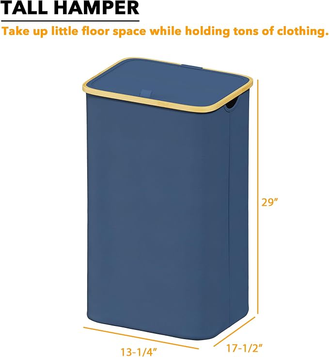 SpaceAid Laundry Hamper with Lid, 110L Large Tall Clothes Basket Bin with Bamboo Handles, Collapsible Laundry Hamper for Bedroom, Bathroom, Dorm, Laundry Room - Blue