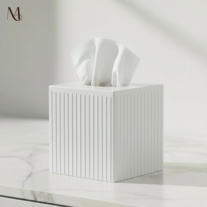 Monarch Abode Tissue Box Cover Square – Handcrafted Ridge Embossed White Metal Tissue Holder Box for Bathroom Accessory, Aesthetic Decorative Facial Napkin Cube for Modern Home Decor