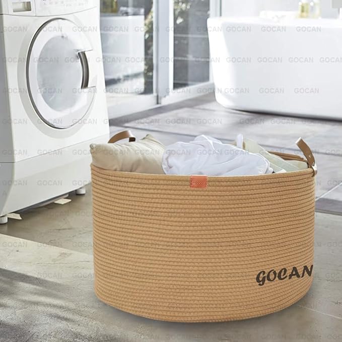 GOCAN Extra Large Storage Laundry Basket 22" X 22"X 14" Cotton Rope Woven Basket for Blanket Basket with Handles for Living Room Toys Storage XXXL (Pure Jute)