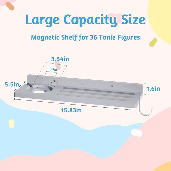 for Tonies Shelf Magnetic - Tonies Figure Organizer for Kids Room, Wooden Magnetic Display Shelf for Tonies Box Holder, Wall Floating Shelves Toy Storage Compatible Charging Station (1 Tier, Grey)