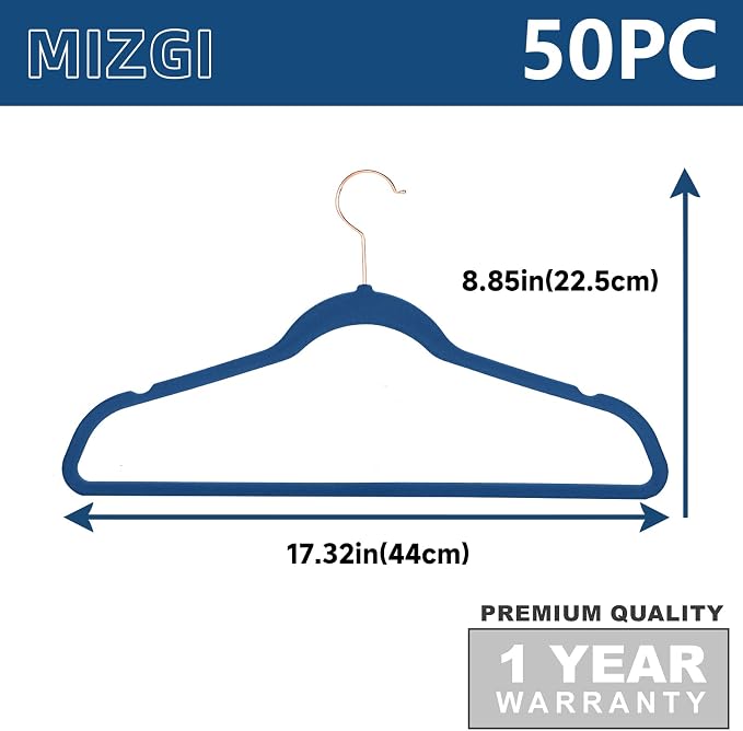 MIZGI Premium Velvet Hangers (50 Pack) Heavy Duty - Non Slip Felt Hangers - Velvet Suit Hangers Mediterranean Blue - Rose Gold Hooks,Space Saving Clothes Hangers