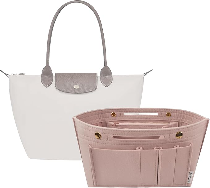 Vercord Purse Organizer Insert for Long champ Felt Organizer Insert with Zipper Handbag Insert Tote Shaper Storage Bag Beige S