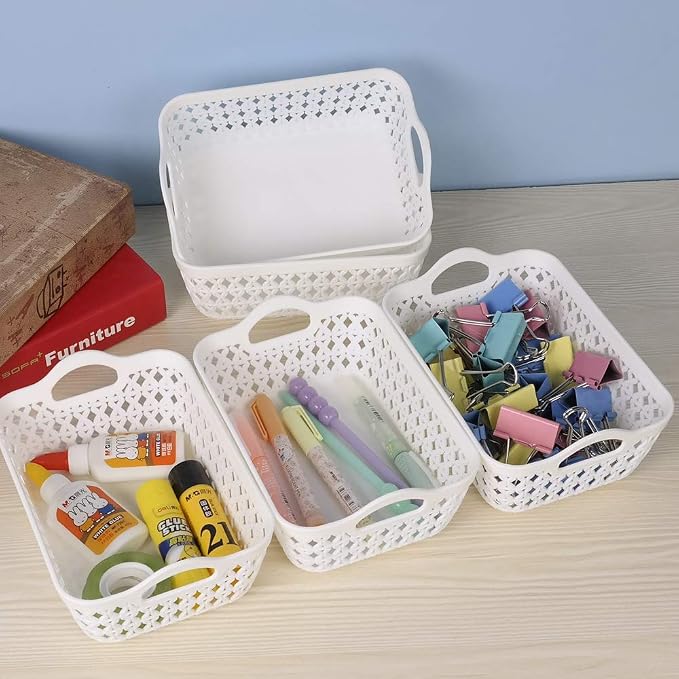 12-Pack White Plastic Woven Storage Basket Tray with Handle (Mini)
