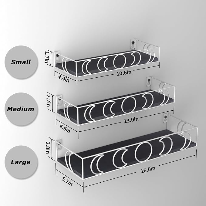 PHAREGE Moon Phase Floating Shelves Black Silver Set of 3 | Small Decorative Wall Shelves for Book Plant Storage, Crystal Figurine Collectibles Display Shelf for Bedroom Kid Room