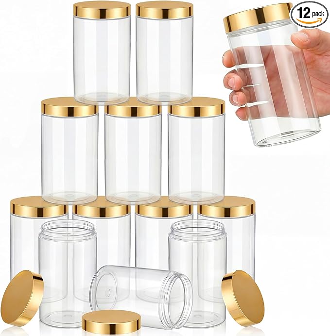 SATINIOR 12 Pack 32 oz Plastic Container Jars with Lids Round Clear Travel Cosmetic Container Slime Jars for Toiletries, Lotion, Cream, Ointments, Makeup, Rhinestone, Samples, Kitchen Storage(Gold)