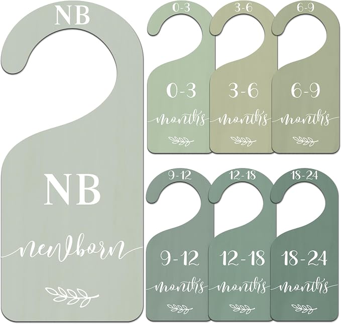 Whaline 7Pcs Green Wooden Baby Closet Size Dividers with Green Velvet Bag Newborn to 24 Month Thicken Infant Wardrobe Hanger Organizers for Home Nursery Supplies
