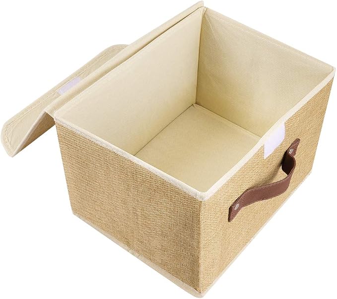 2Pack Storage Bins Boxes with Lids 10" x 8" x 7" Decorative Storage Baskets | Cotton Linen Fabric, Collapsible, Faux Leather Handles, Storage Cubes, Closet Shelf Clothes Organizer Container, Khaki