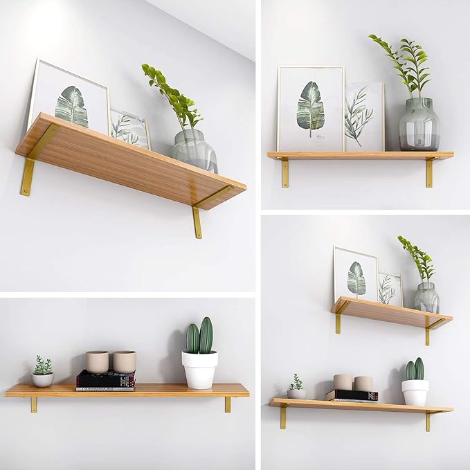 Gold Heavy Duty Shelf Brackets 12 Inch, Extra Thick L Shelving Brackets, Rustic Gold Iron Floating Shelves Wall Mounted with Hardware for DIY Open Shelving, 4 Pack