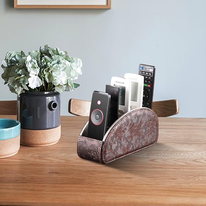 Leather Remote Control Holder,Universal TV Remote Organizer with 5 Compartments,Desktop or Bedside Table Organizer for DVD,Blu-Ray,Gaming and Streaming Remotes,Glasses and Accessories(Antique)